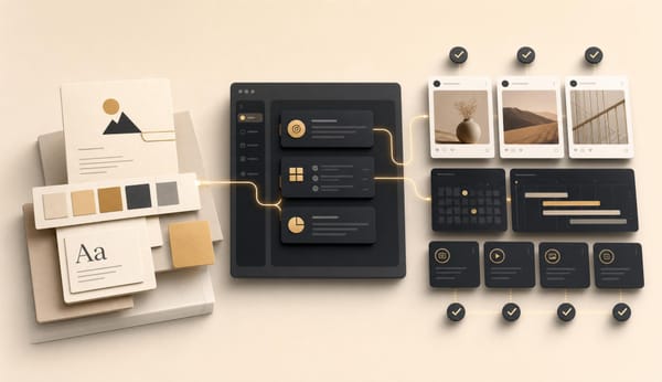 Brand strategy automation workflow showing brand guidelines, campaign planning, social media content cards, and scheduling in a premium software interface.